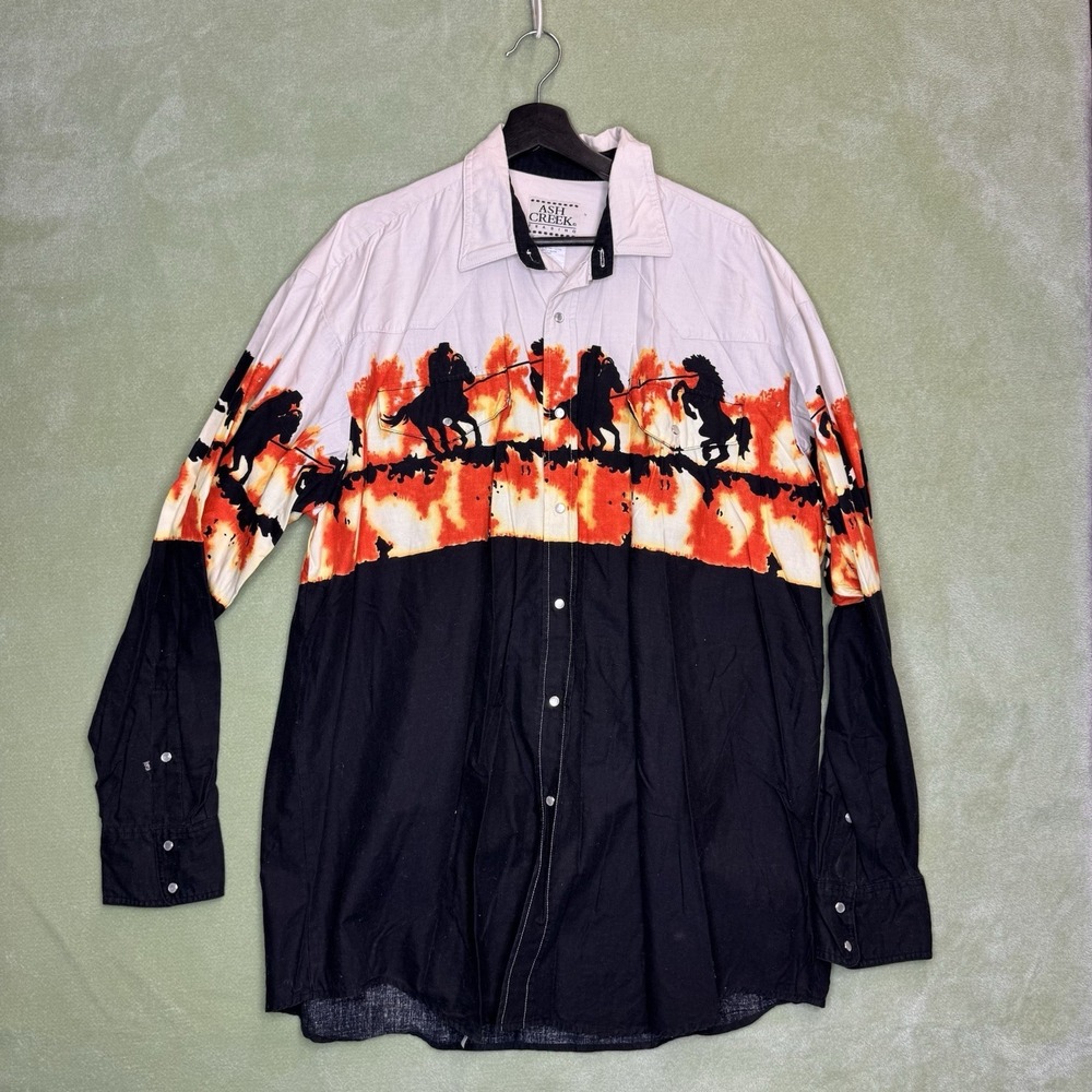 Vtg 90s Ash Creek Shirt Mens L  Horse Fire CowboyLong Sleeve Twill Button Up